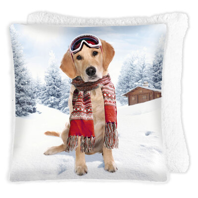 Printed photoreal cushion with sherpa backing, 17"x17" - Dog in ski goggles