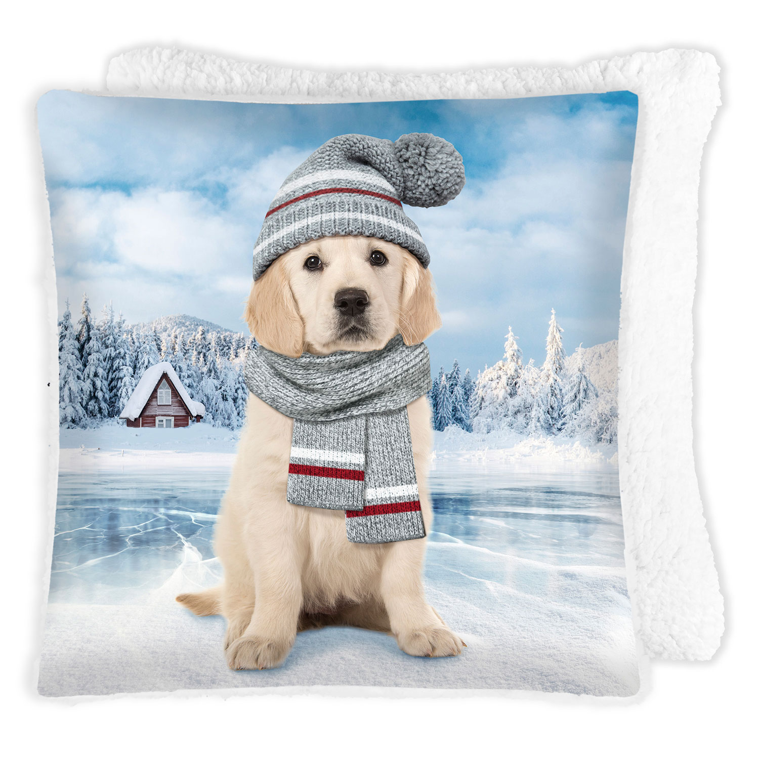 Printed photoreal cushion with sherpa backing, 17"x17" - Dog in toque