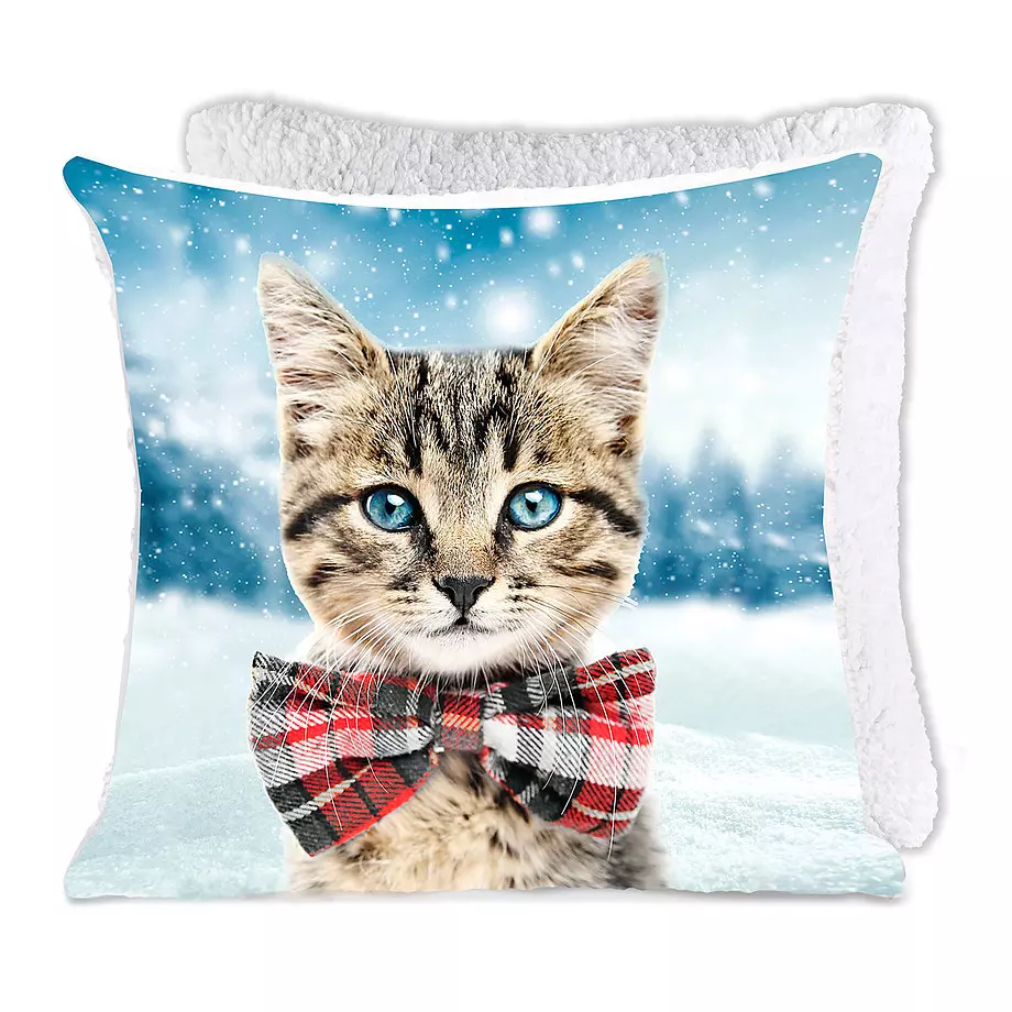 Printed photoreal cushion with sherpa backing, cat with bow tie, 17"x17"