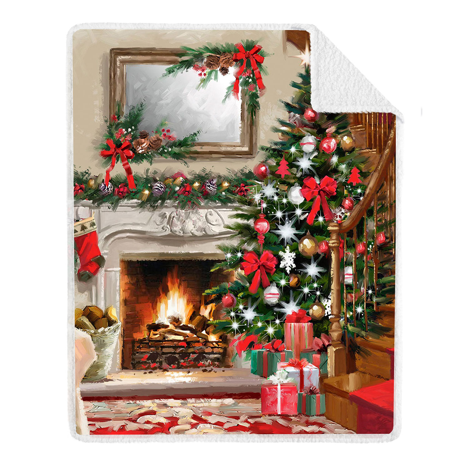 Printed photoreal throw with sherpa backing, 48"x60" - XMas fireplace