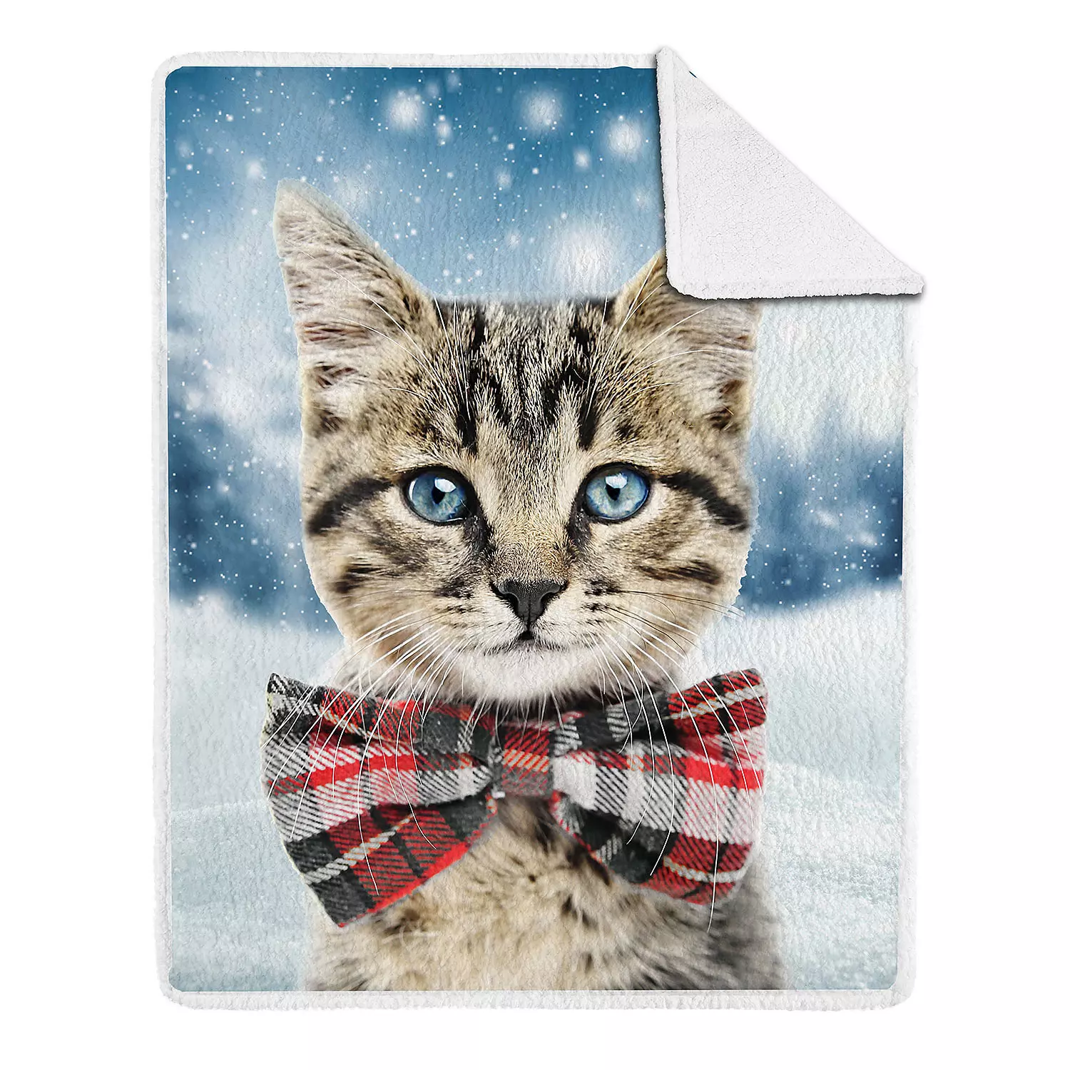 Printed photoreal throw with sherpa backing, cat with bow tie, 48"x60"