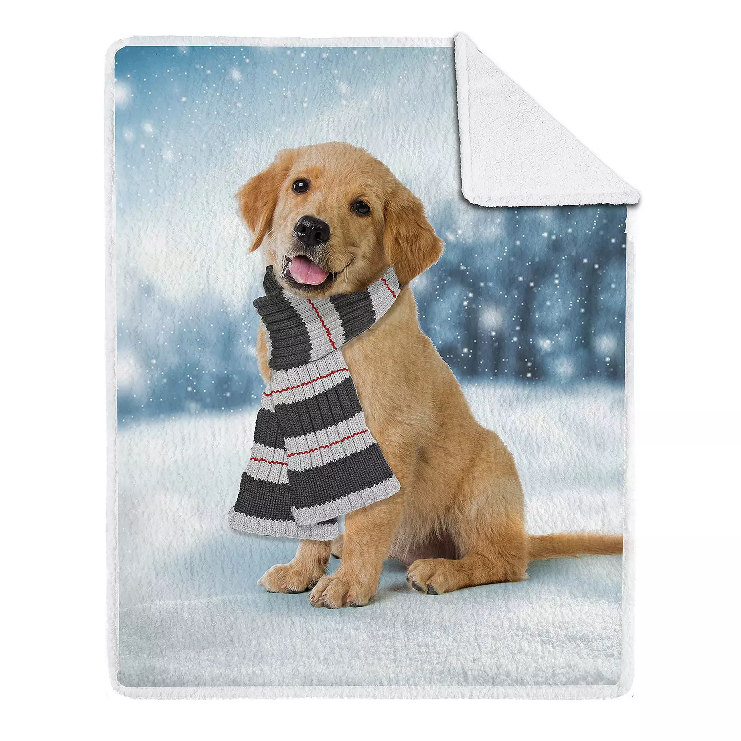 Printed photoreal throw with sherpa backing, dog with scarf, 48"x60"