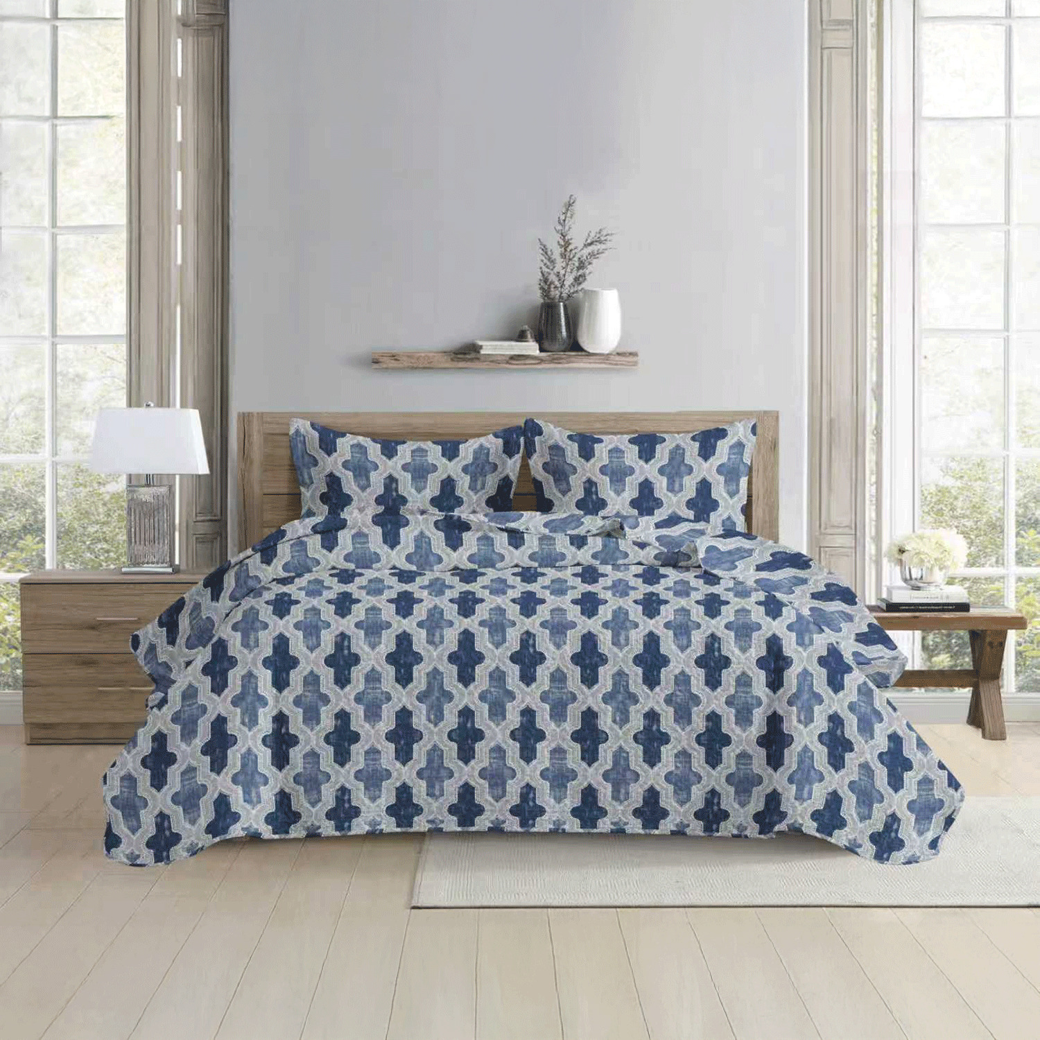 Printed quilt set, Blue trellis