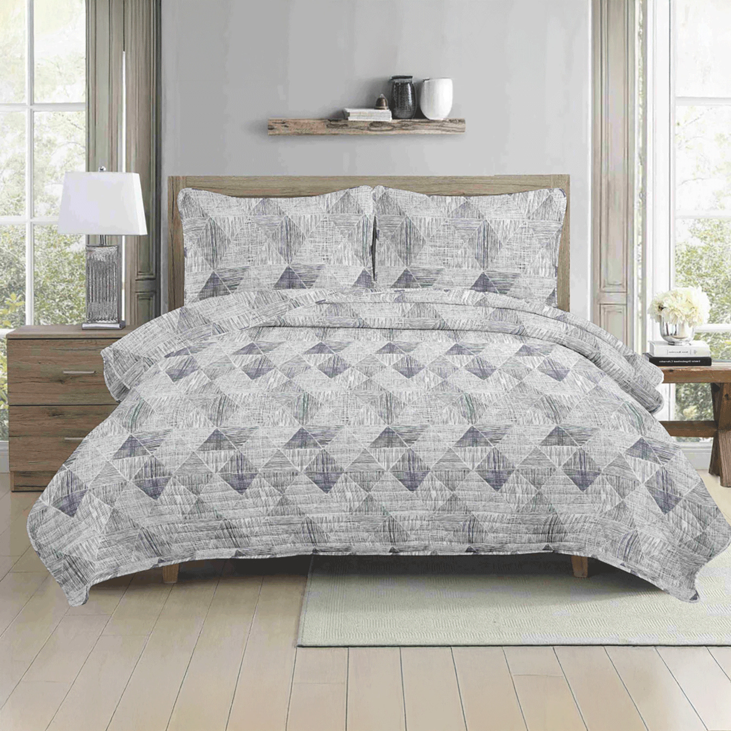Printed quilt set, Grey diamonds
