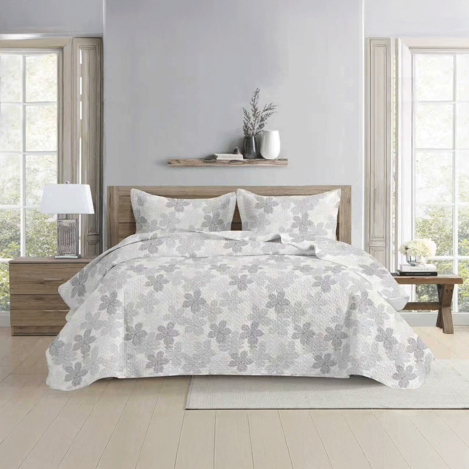 Printed quilt set, Grey flowers