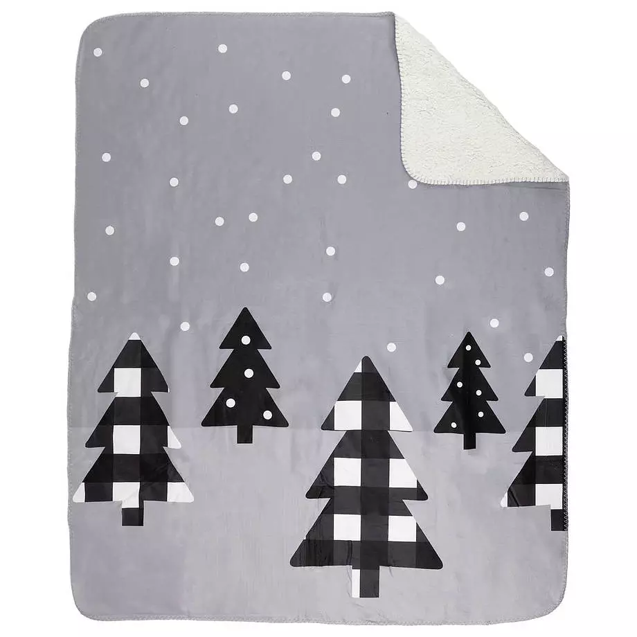 Printed throw with sherpa backing, black Christmas trees, 50"x60"