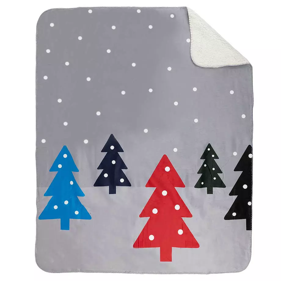 Printed throw with sherpa backing, blue Christmas trees, 50"x60"