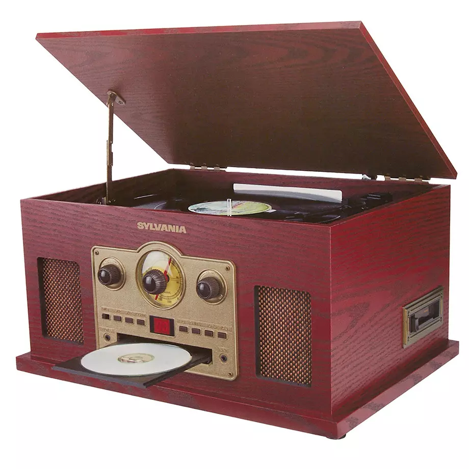 Proscan - 5-in-1 Nostalgic retro turntable with C D, cassette, and radio player