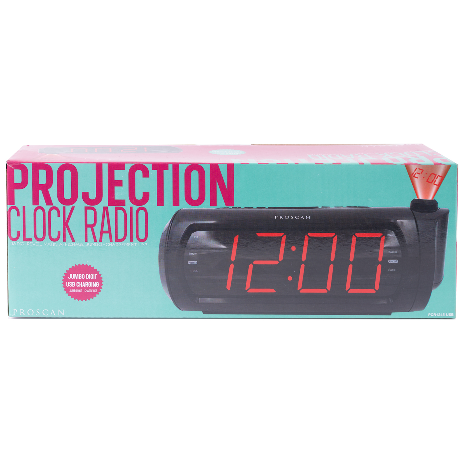 Proscan - Radio réveil projecteur à deux alarmes avec port USB. Colour:  black, Fr