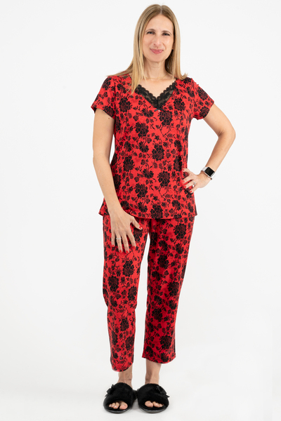 Pyjama capri en tissu soyeux avec dentelle - Roses noires