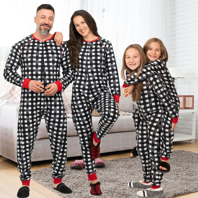 Pyjamas une-pièce en polaire assortis pour la famille - Carreaux de buffle blancs