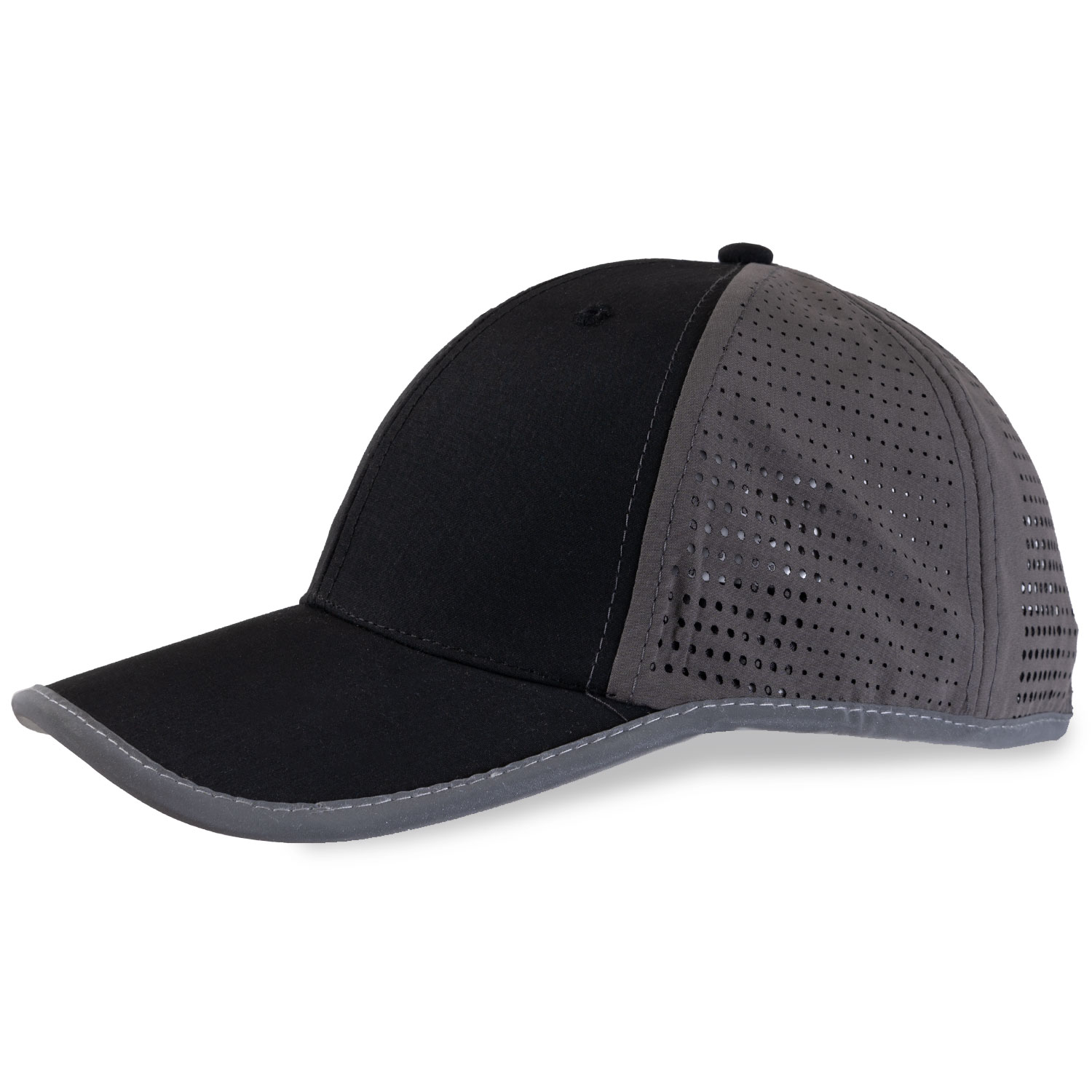 Quick drying running cap with perforations and reflective binding