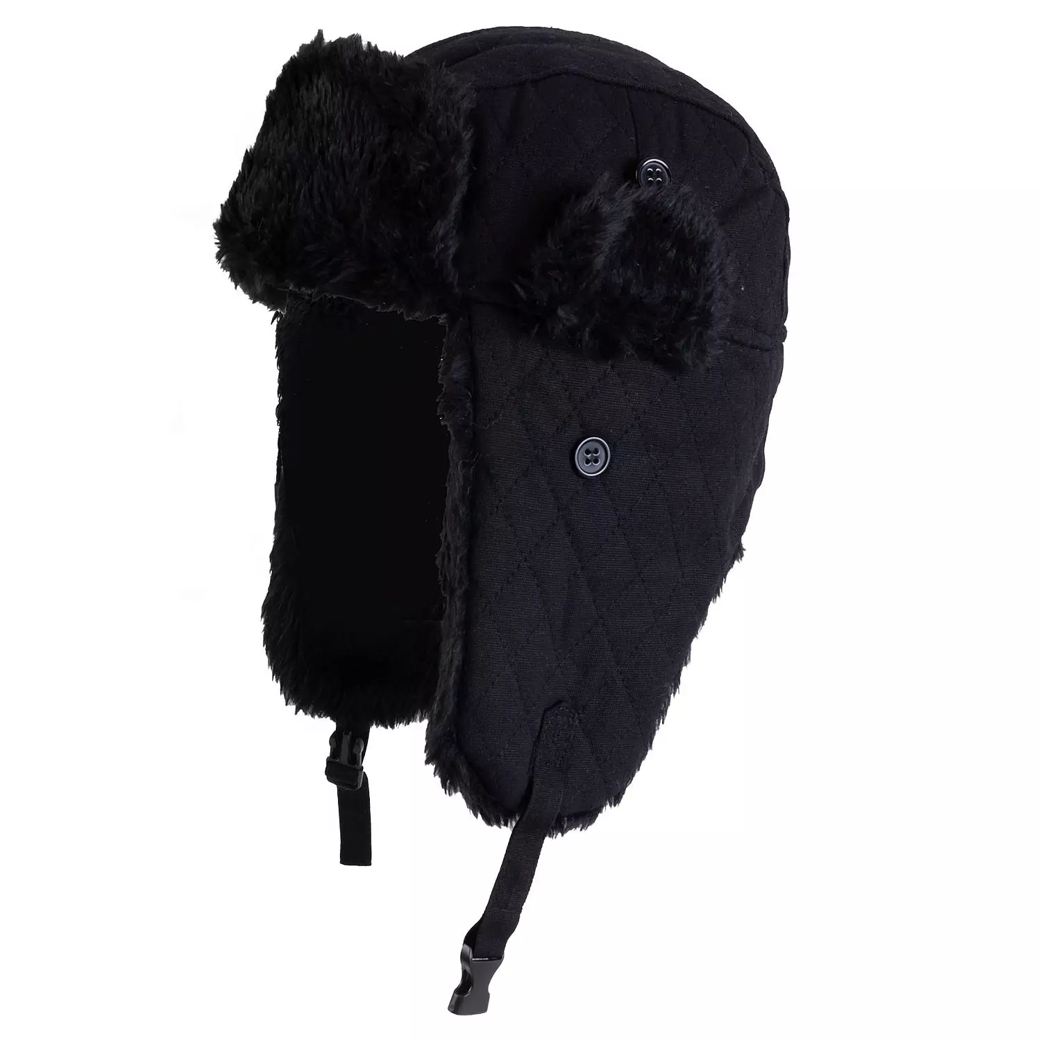 Quilted trapper hat with lining and faux fur flaps