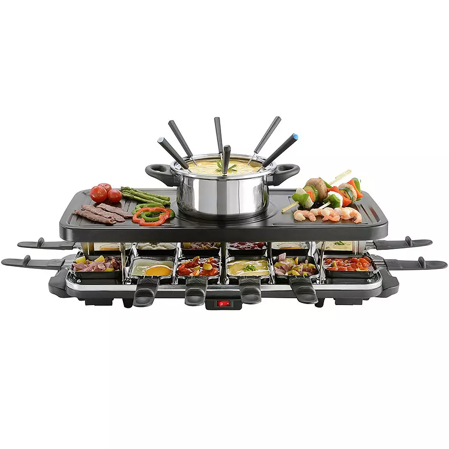 Raclette/fondue combo set with 6 fondue forks & 12 raclette pans