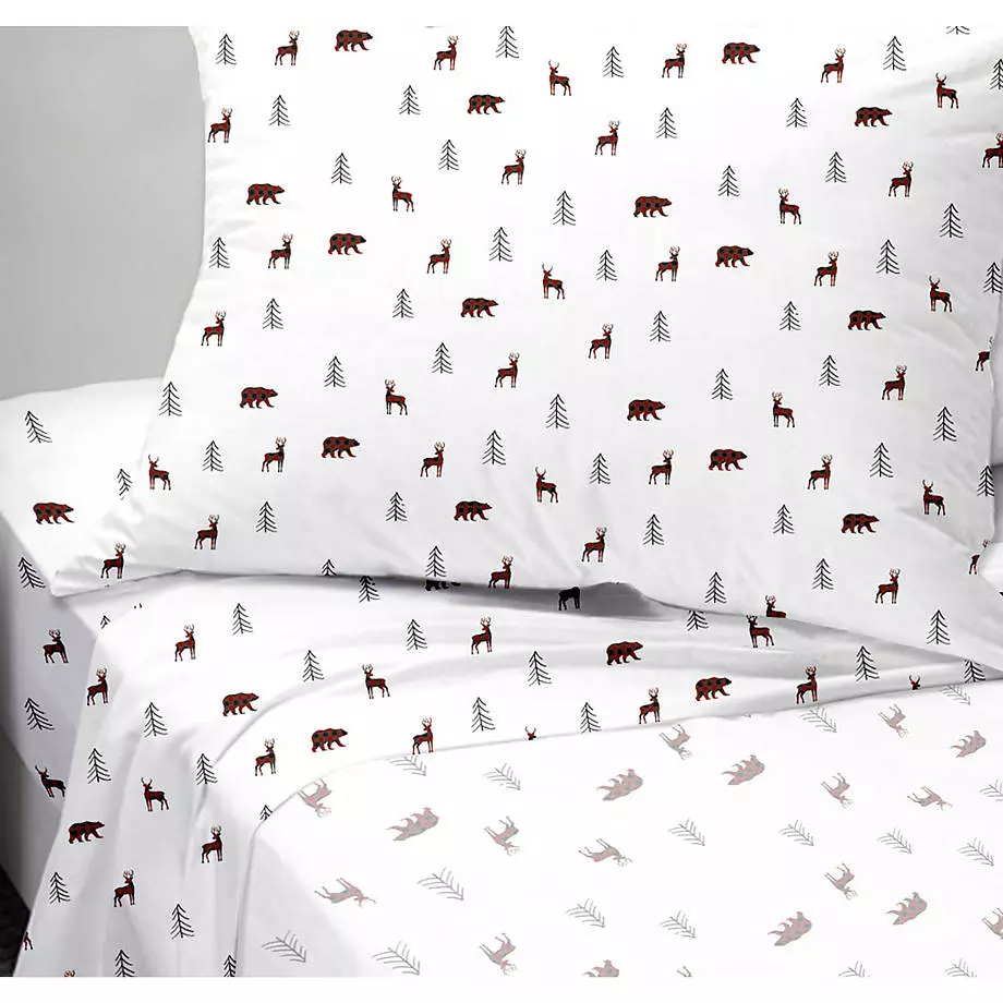 Red bears and moose pattern percal & microfiber sheet set, king