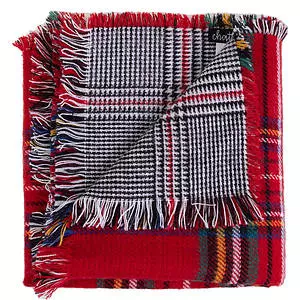 Reversible plaid print blanket scarf with soft frayed ends