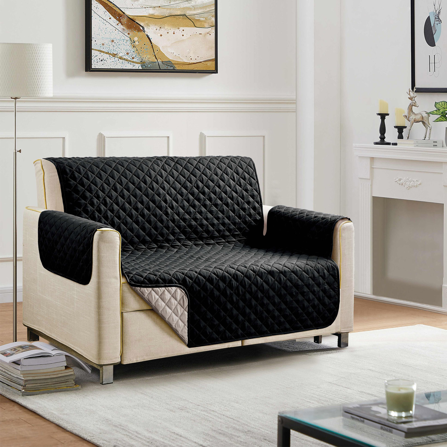 Reversible quilted loveseat protector - Black / Grey