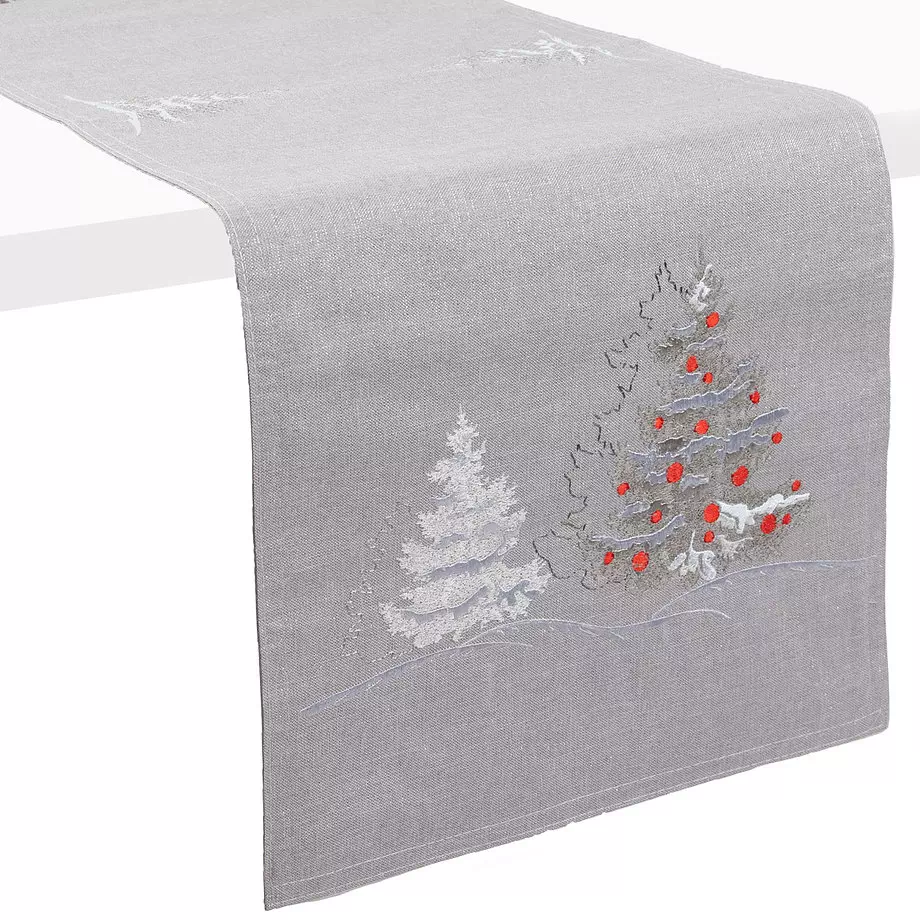Reversible table runner, Christmas trees embroidery, 14"x54"
