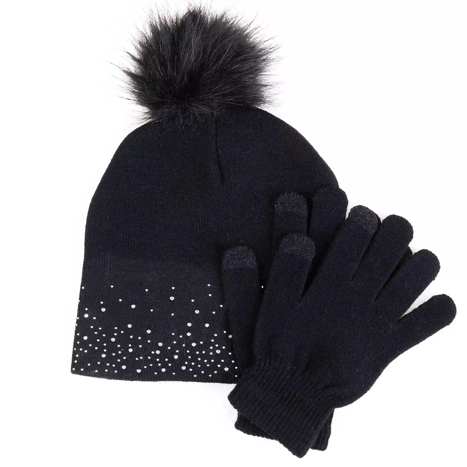 Rhinestone detail hat & glove set, black