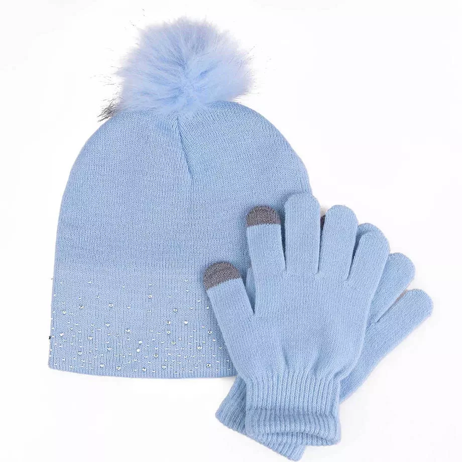 Rhinestone detail hat & glove set, blue