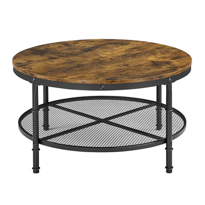 Rustic round coffee table with iron mesh storage shelf