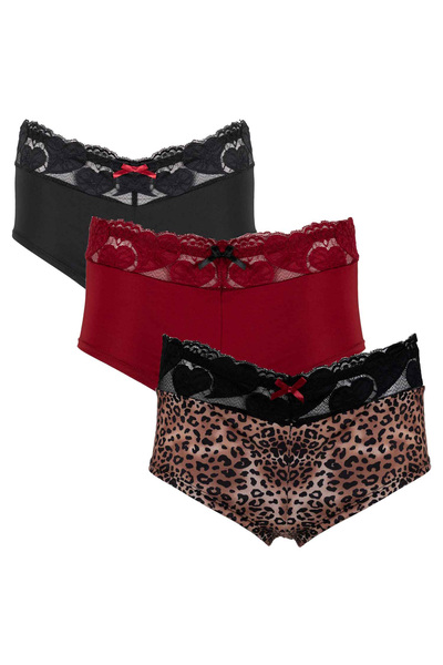Set of 3 cotton boyshort underwear with elasticized lace waistband - Leopard's heart - Plus Size