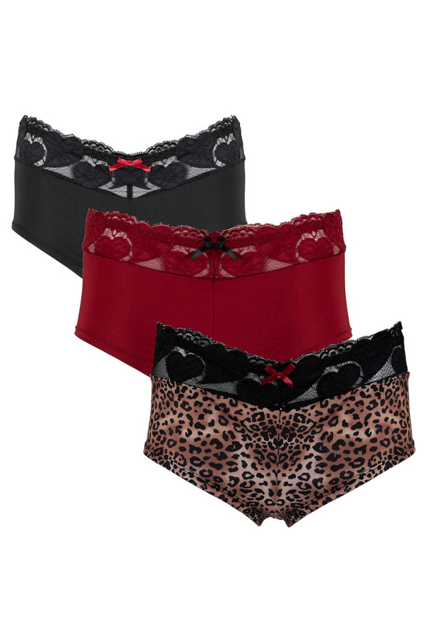 Set of 3 cotton boyshort underwear with elasticized lace waistband -  Leopard's heart - Plus Size. Size: 2x