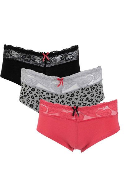 Set of 3 cotton cheeky underwear with elasticized lace waistband - Huckleberry