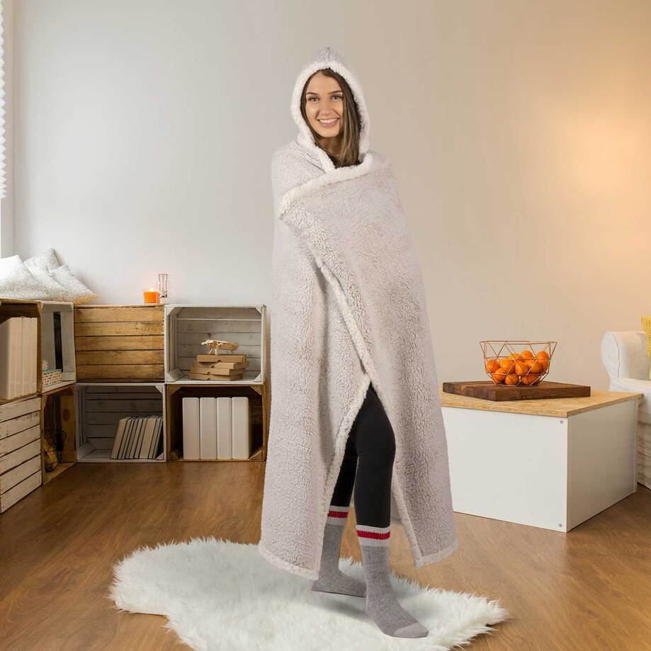 Sherpa hooded throw blanket, 48"x65" - Frosted beige