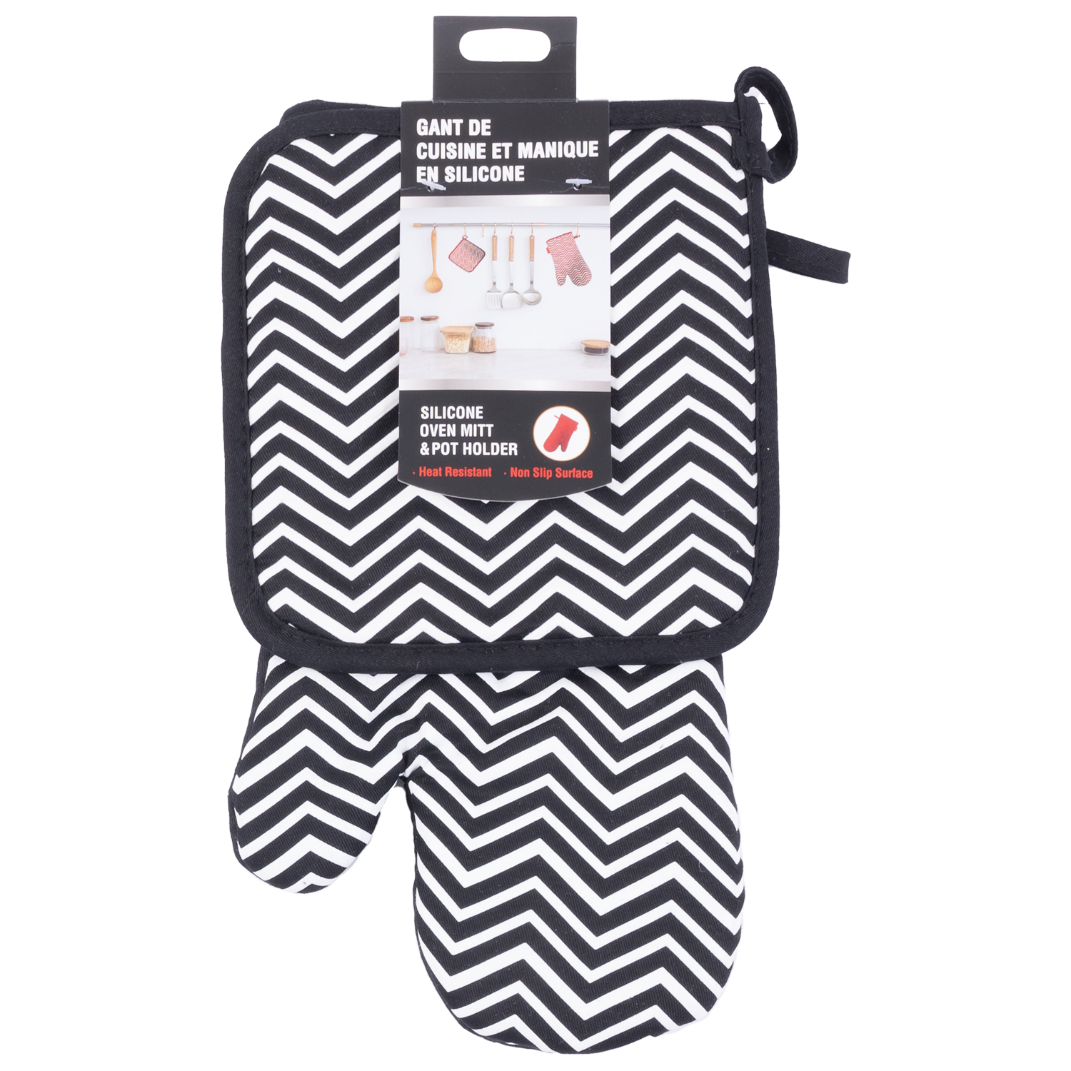 Silicone oven mitt & pot holder set - Black