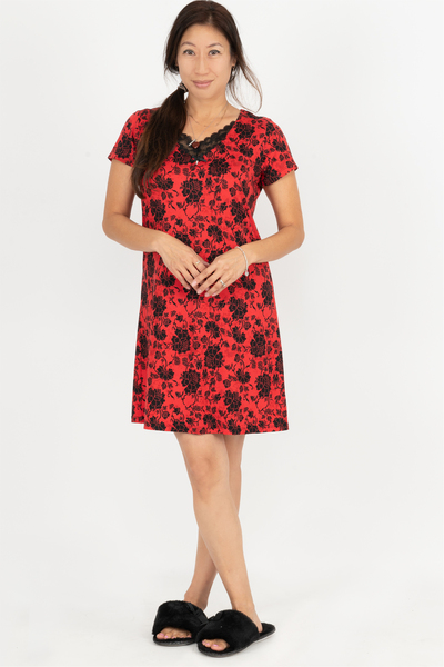 Silky touch short-sleeve sleepshirt with lace - Black roses