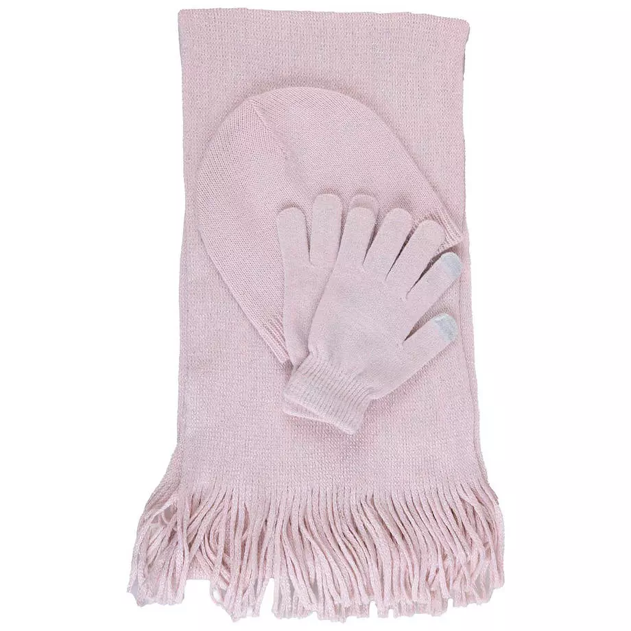 Soft beanie, scarf and gloves set with shimmer effects, blush