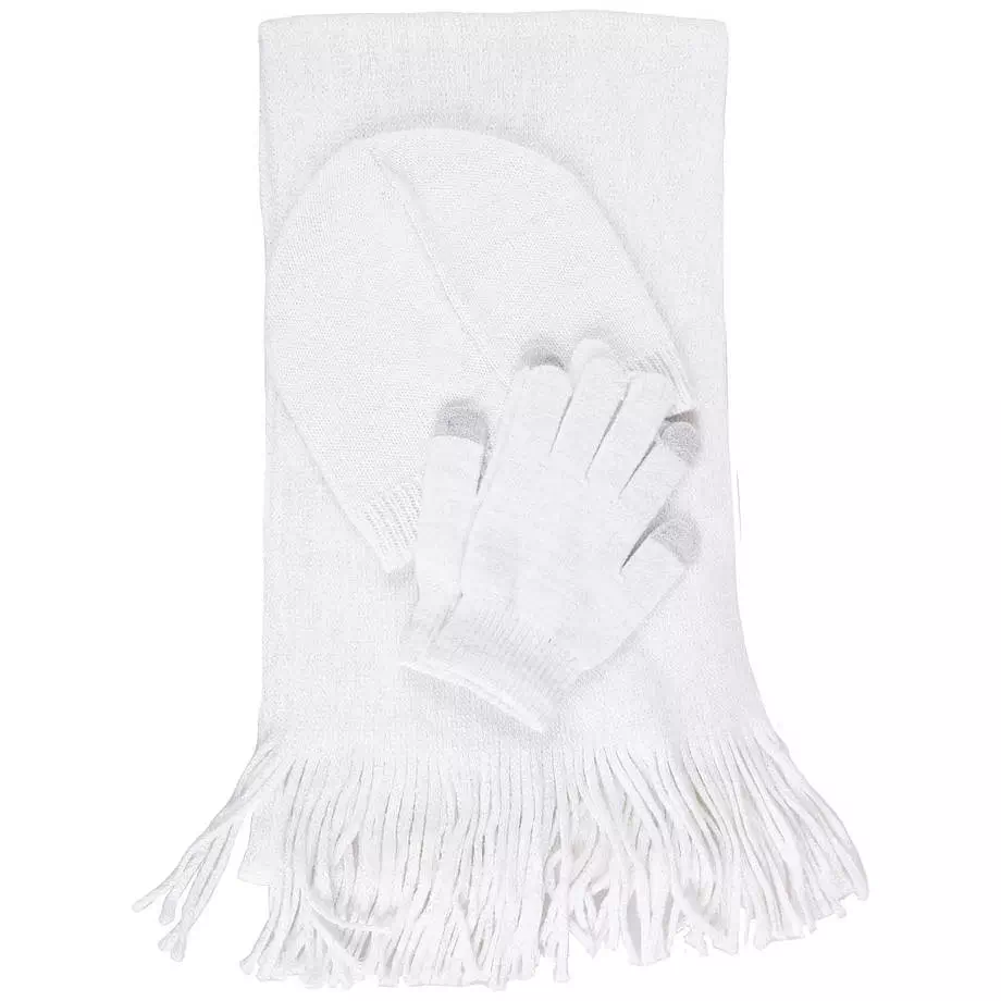 Soft beanie, scarf and gloves set with shimmer effects, ivory