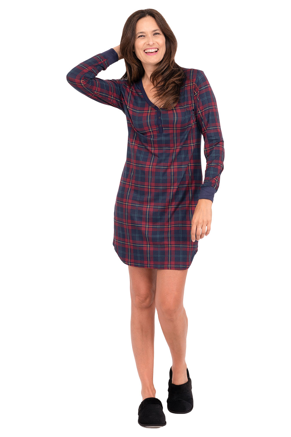 Soft touch, long sleeve v-neck sleepshirt with snap button detail, blue plaid, small (S)