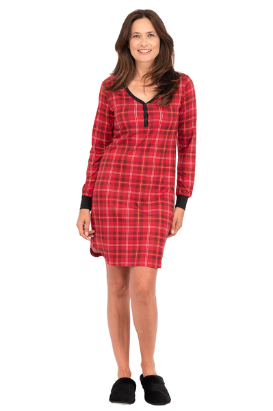 Soft touch, long sleeve v-neck sleepshirt with snap button detail, red plaid