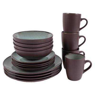 Stoneware dinnerware set, Brown and green, 16 pcs