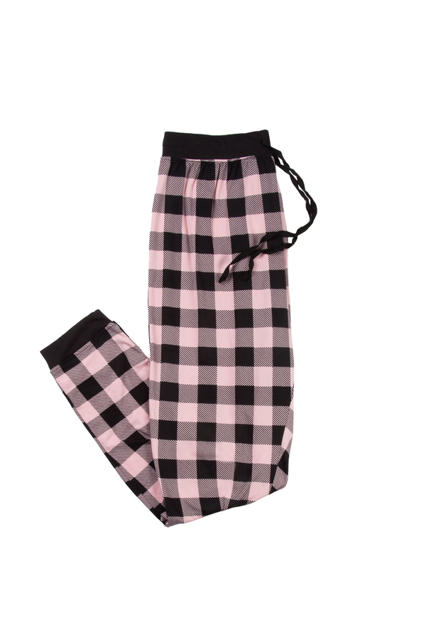 Stretch knit jogger style pajama pants, pink/black plaid, extra large (XL)