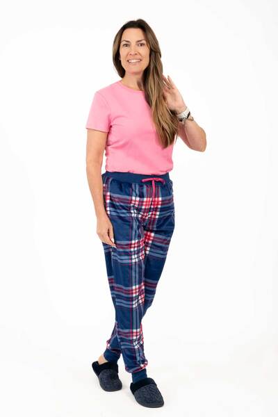 Suko - Rêves - Velour stretch knit jogger PJ pants - Navy plaid