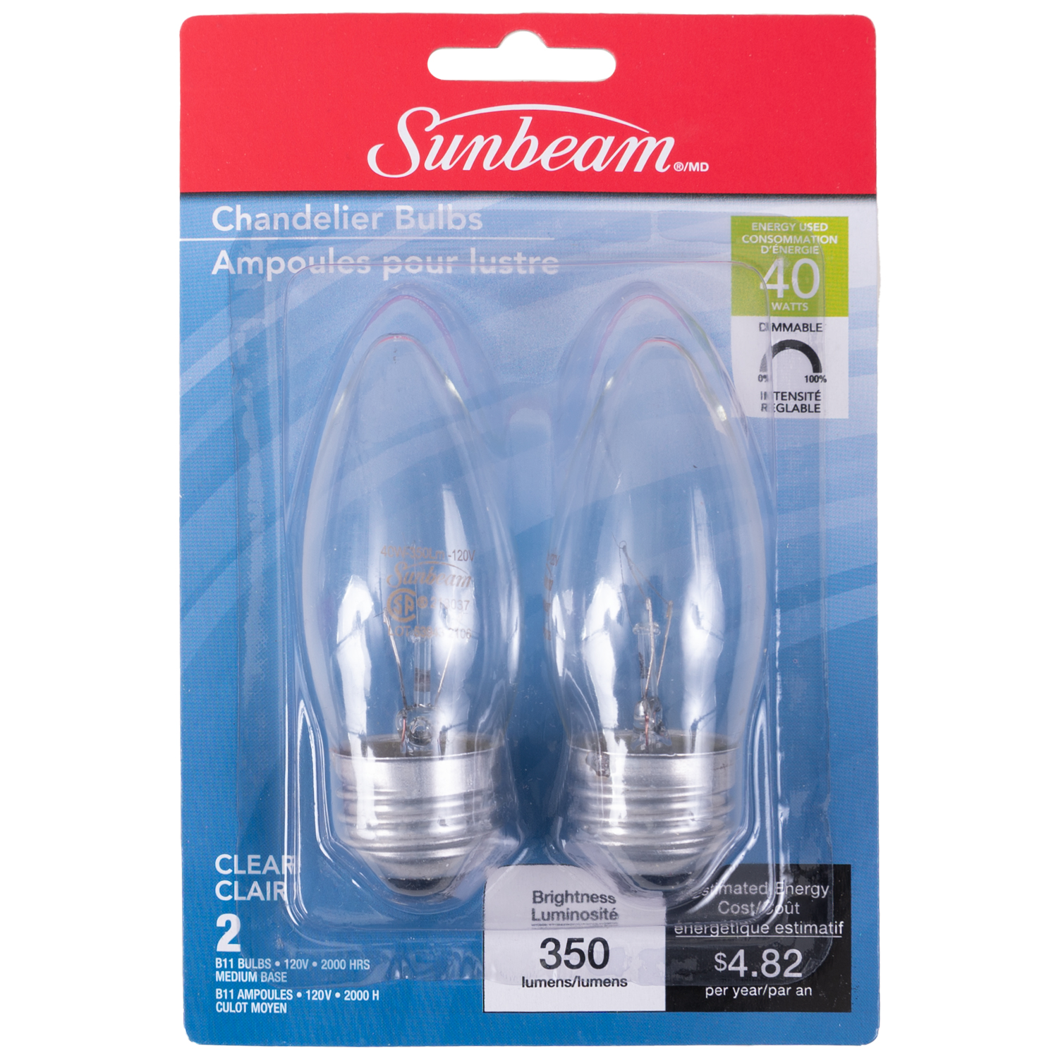 Sunbeam - Chandelier incandescent light bulbs, 40W, 2-pk