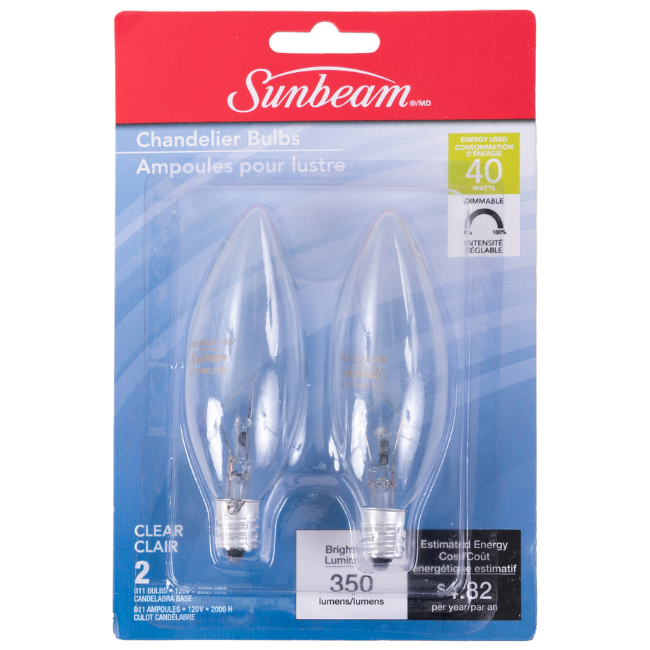 Sunbeam - Chandelier incandescent light bulbs, 40W, pk. of 2