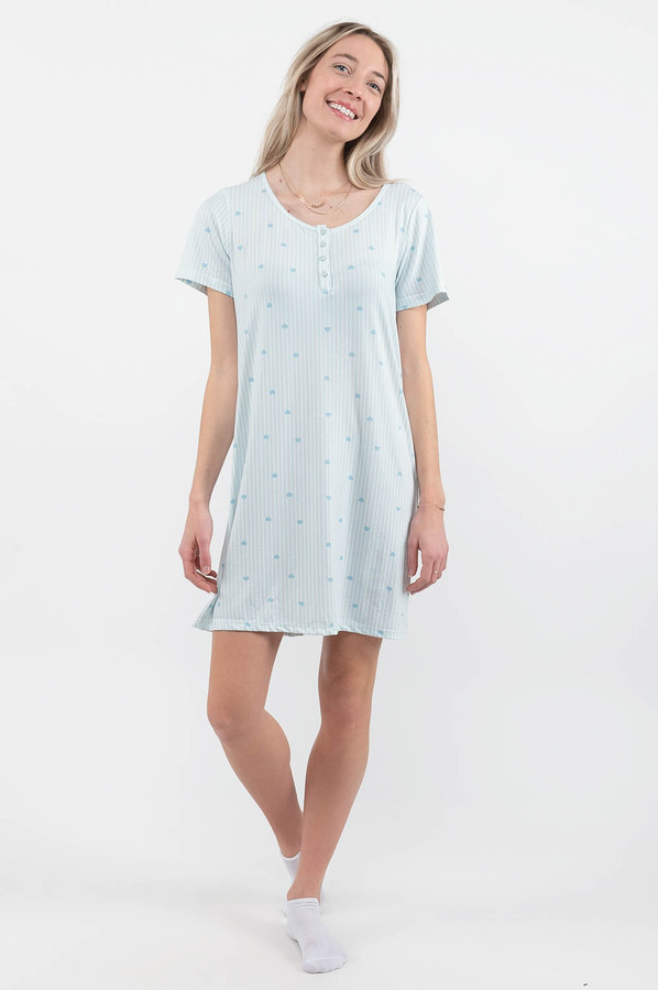 Super soft Henley nightgown - Blue hearts. Colour: light blue