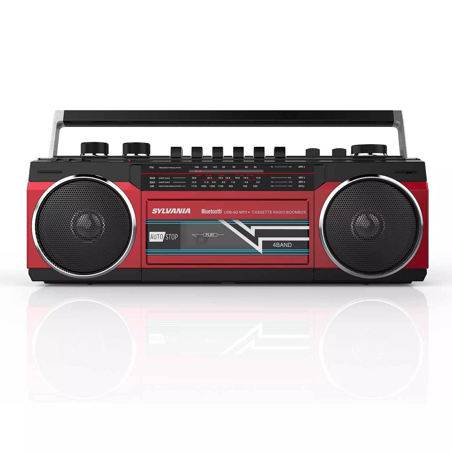 Sylvania - Bluetooth Retro cassette boombox with FM radio, red