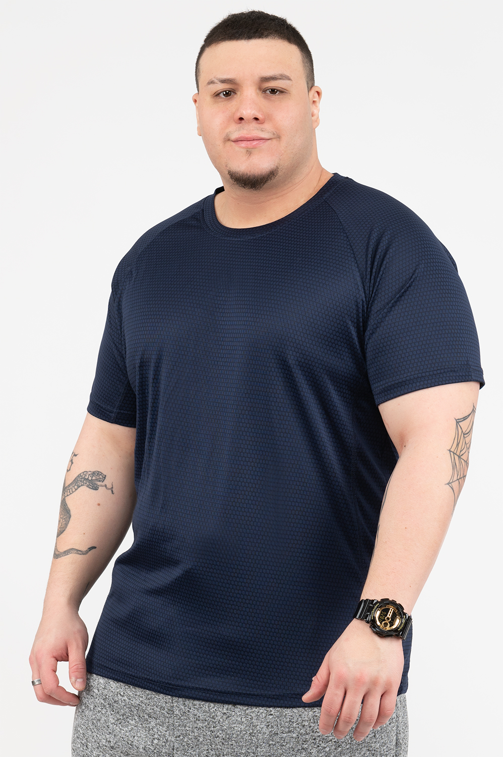 T-shirt actif en maille gaufrée avec col rond - Marine - Taille plus