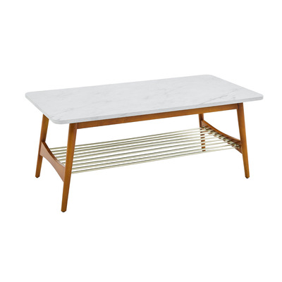 Table à café pieds effilés en imitation marbre - Faux marbre blanc / Noyer