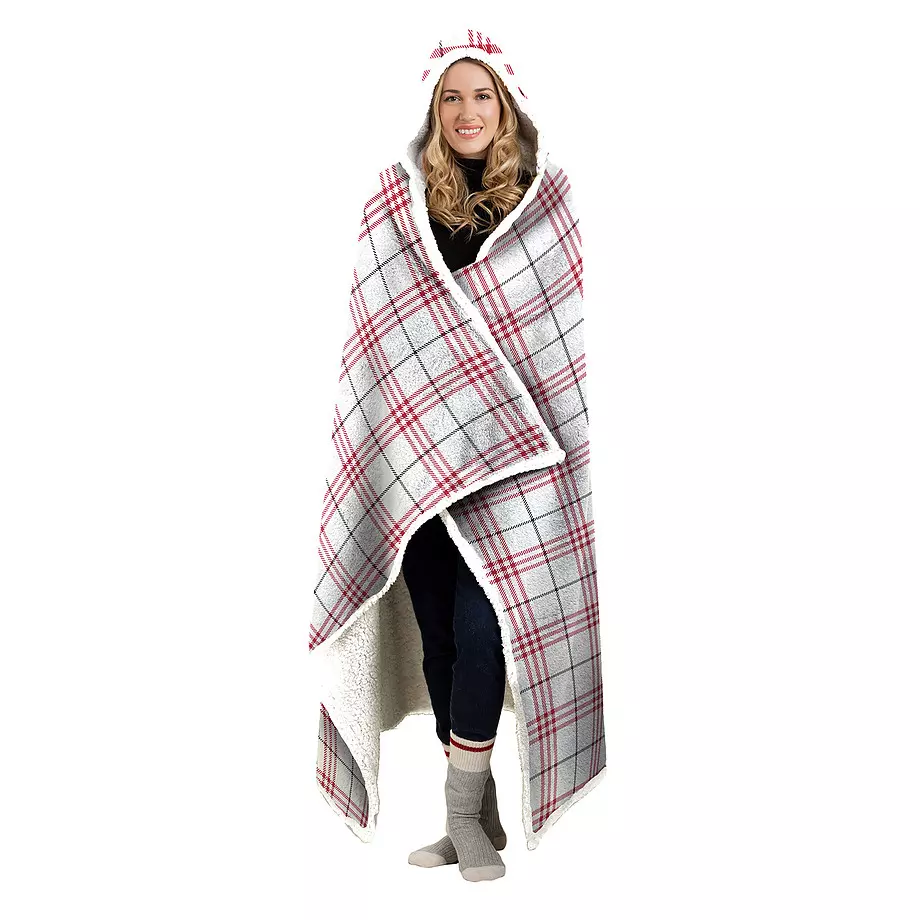 Thin lined plaid hooded throw blanket with sherpa lining, 48"x65"