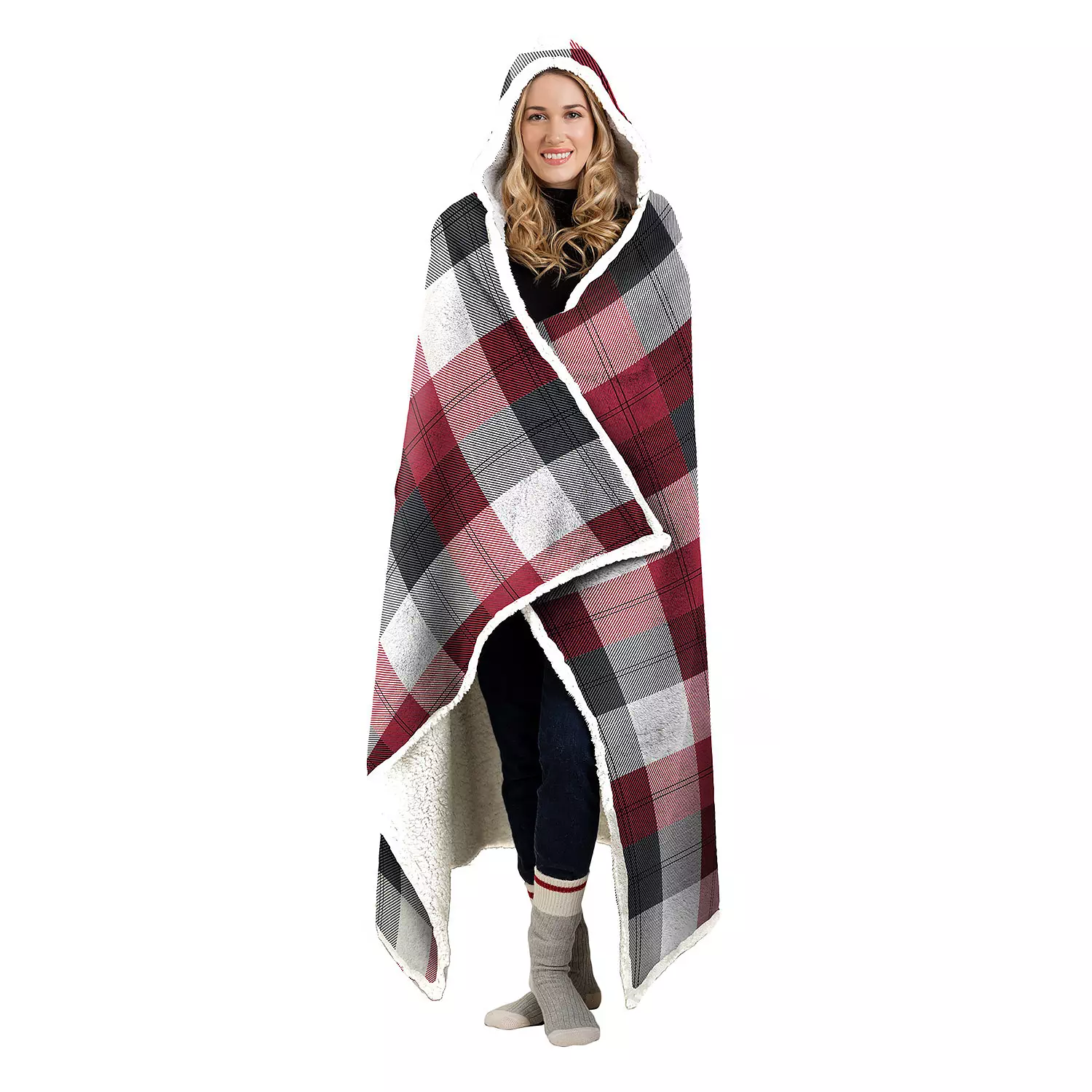 Three color buffalo plaid hooded throw blanket with sherpa lining, 48"x65"