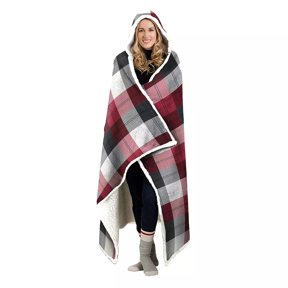 Three color buffalo plaid hooded throw blanket with sherpa lining, 48