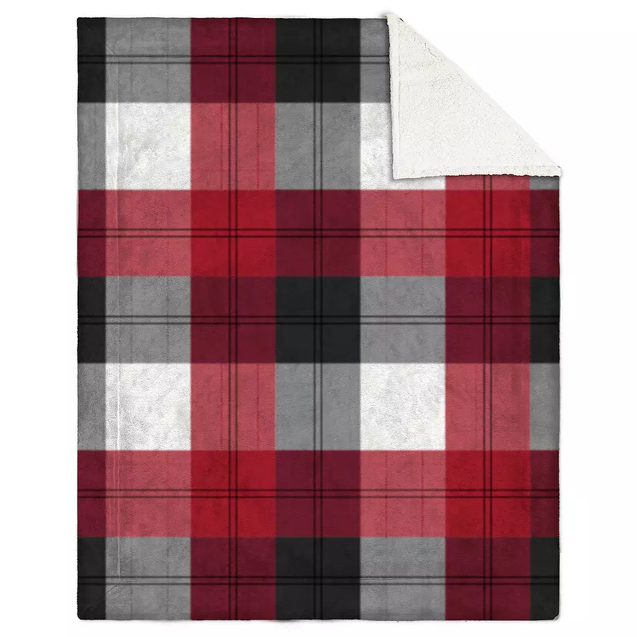 Three color buffalo plaid throw blanket with sherpa back, 48"x60"