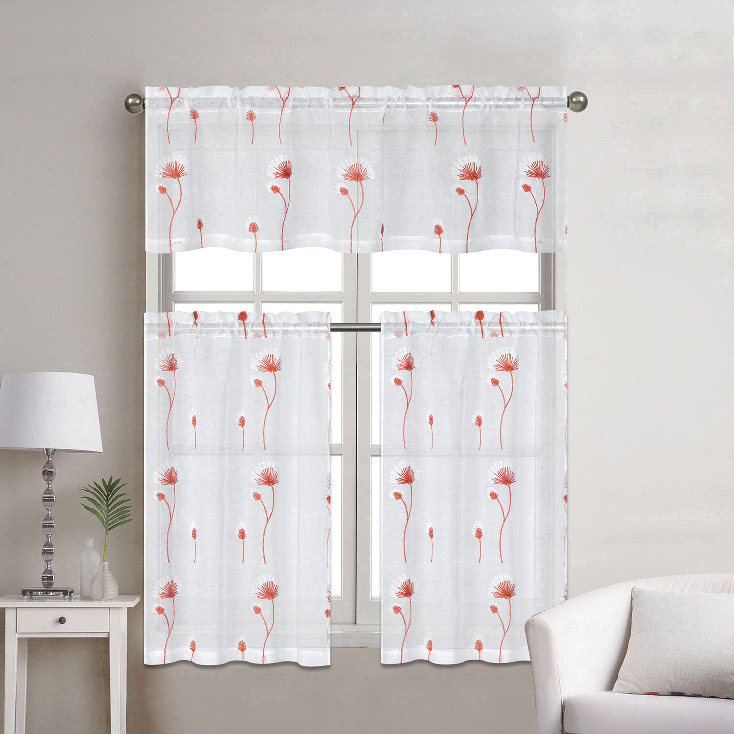Tilley - Embroidered sheer kitchen curtain set