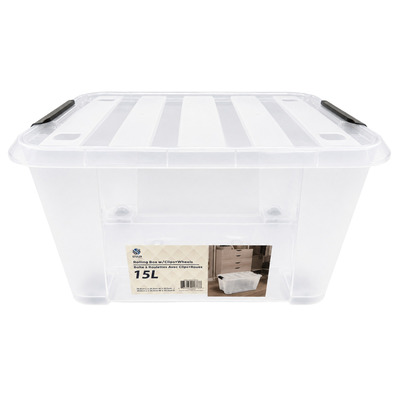 Transparent storage bin with wheels
